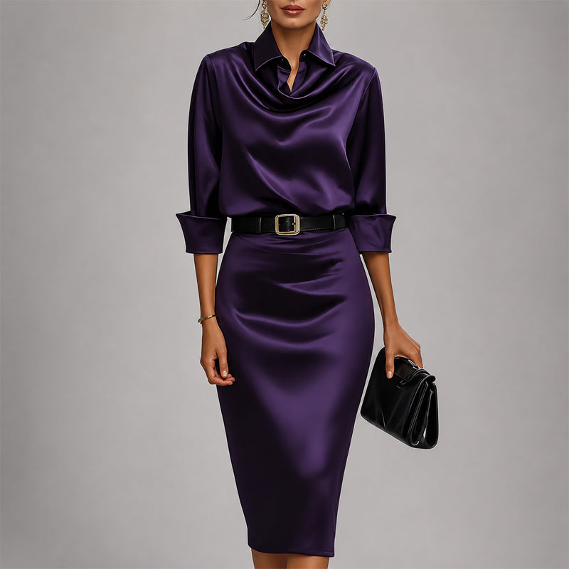 Women's Collared Cowl Neck Midi Dress with Cuffed Sleeves