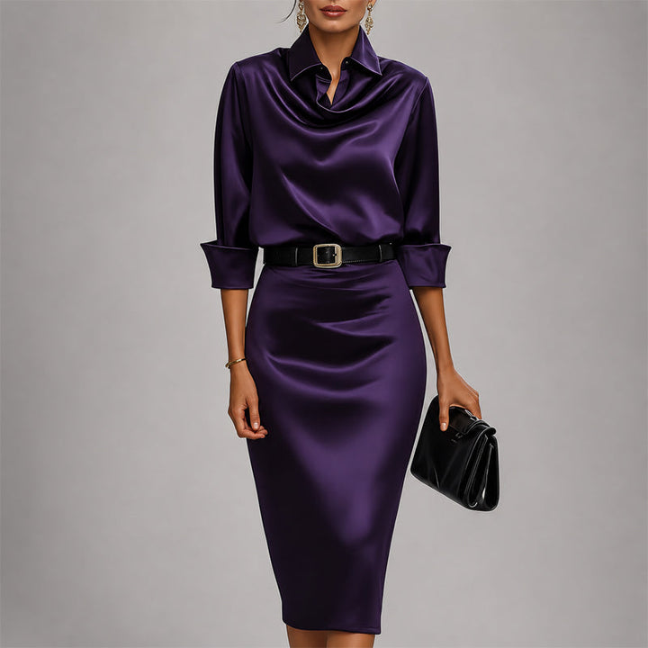 Women's Collared Cowl Neck Midi Dress with Cuffed Sleeves