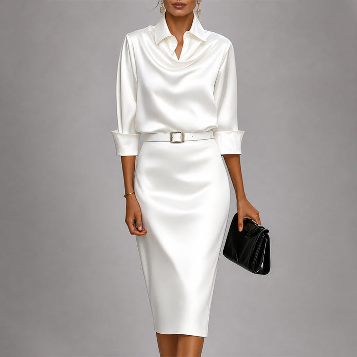 Women's Collared Cowl Neck Midi Dress with Cuffed Sleeves