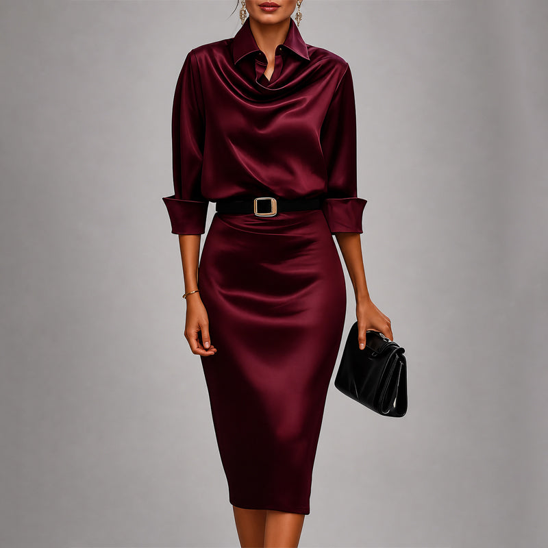 Women's Collared Cowl Neck Midi Dress with Cuffed Sleeves