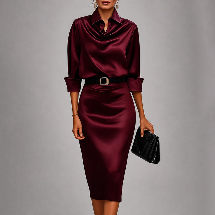 Women's Collared Cowl Neck Midi Dress with Cuffed Sleeves