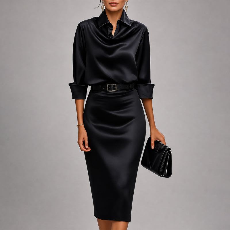 Women's Collared Cowl Neck Midi Dress with Cuffed Sleeves