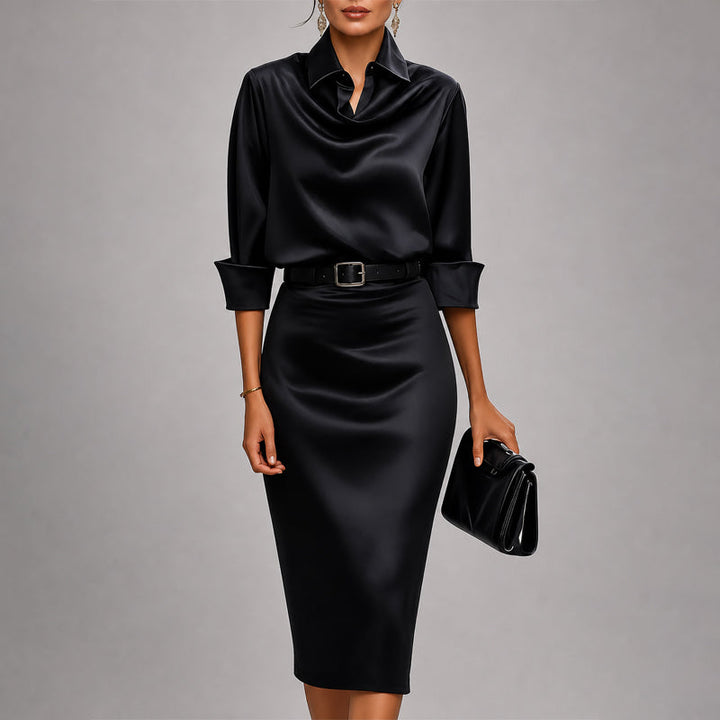 Women's Collared Cowl Neck Midi Dress with Cuffed Sleeves