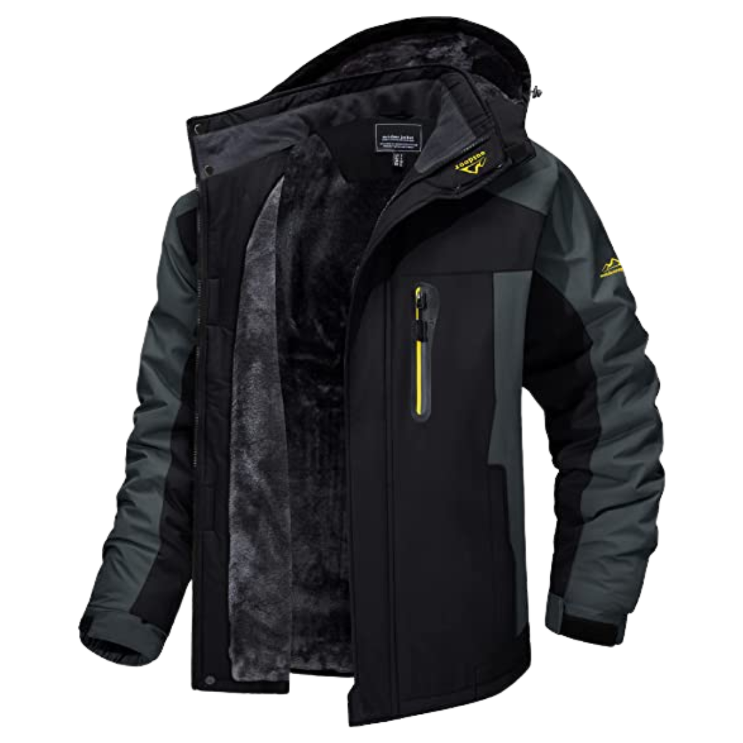 Men's Fleece-Lined Windproof Outdoor Jacket with Hood