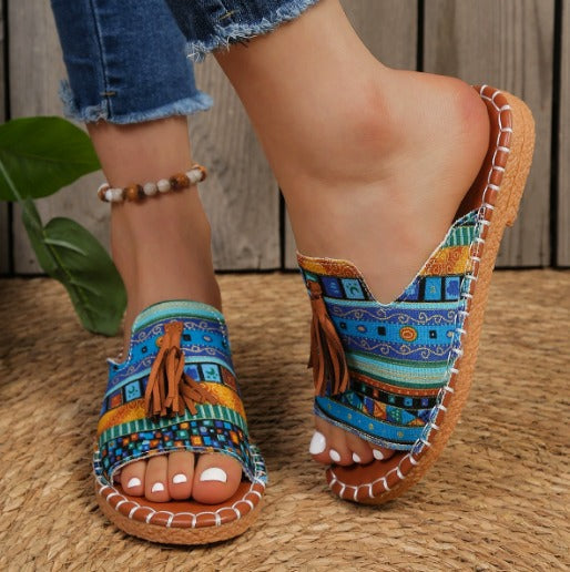 Women's Tasseled Animal Print Slide Sandals
