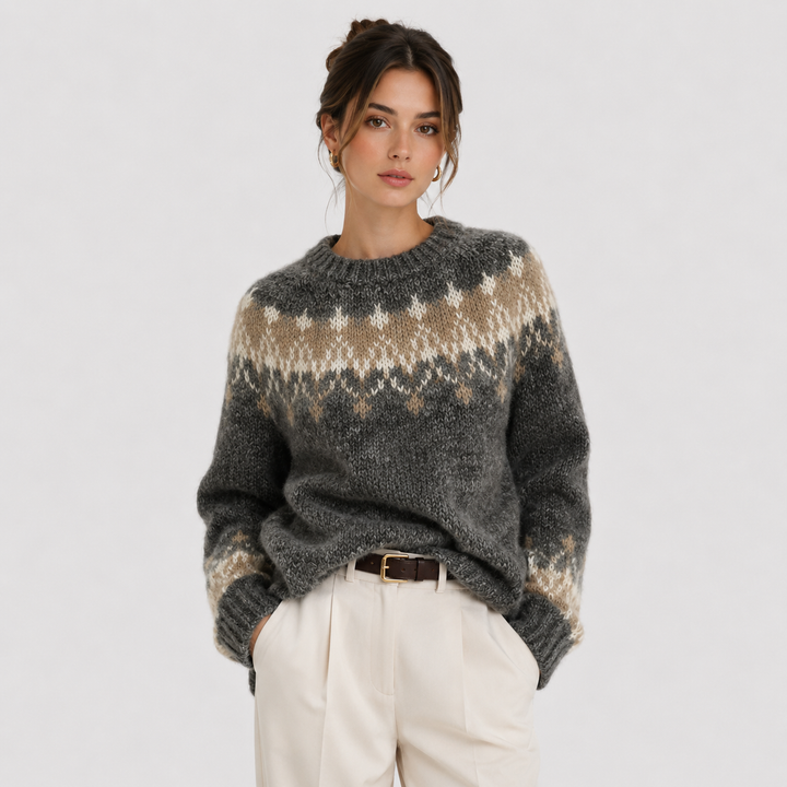 Women's Fair Isle Knit Sweater with Crew Neck