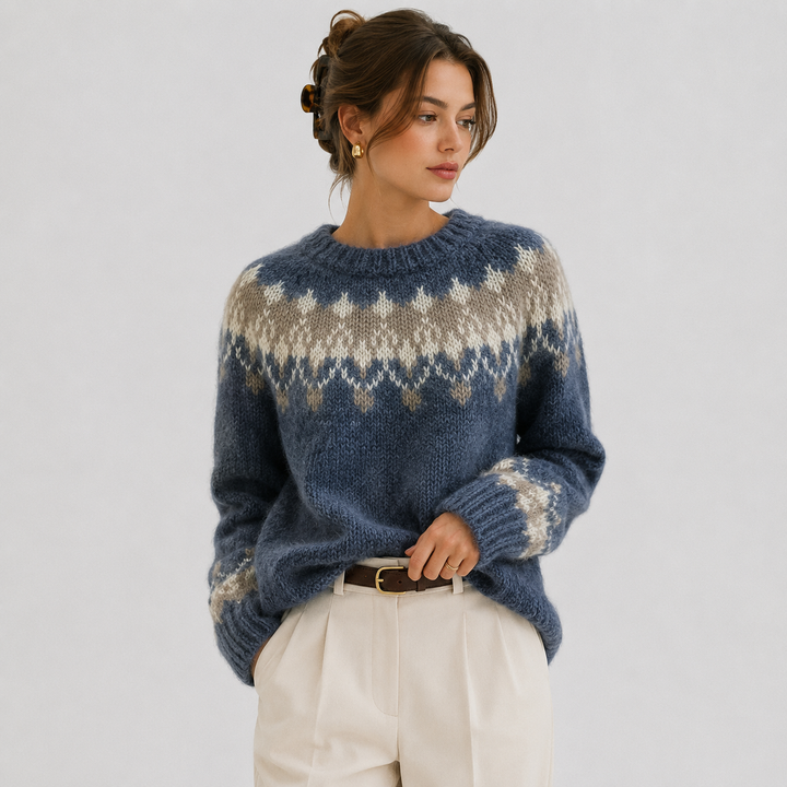 Women's Fair Isle Knit Sweater with Crew Neck