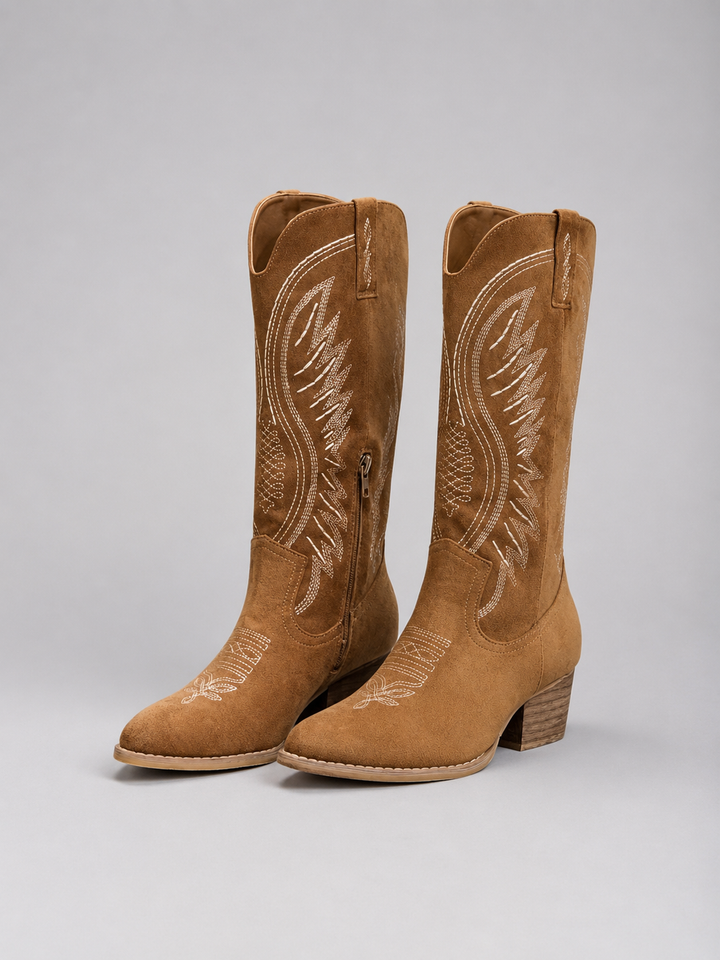 Women's Suede Cowboy Boots Mid Calf Embroidered