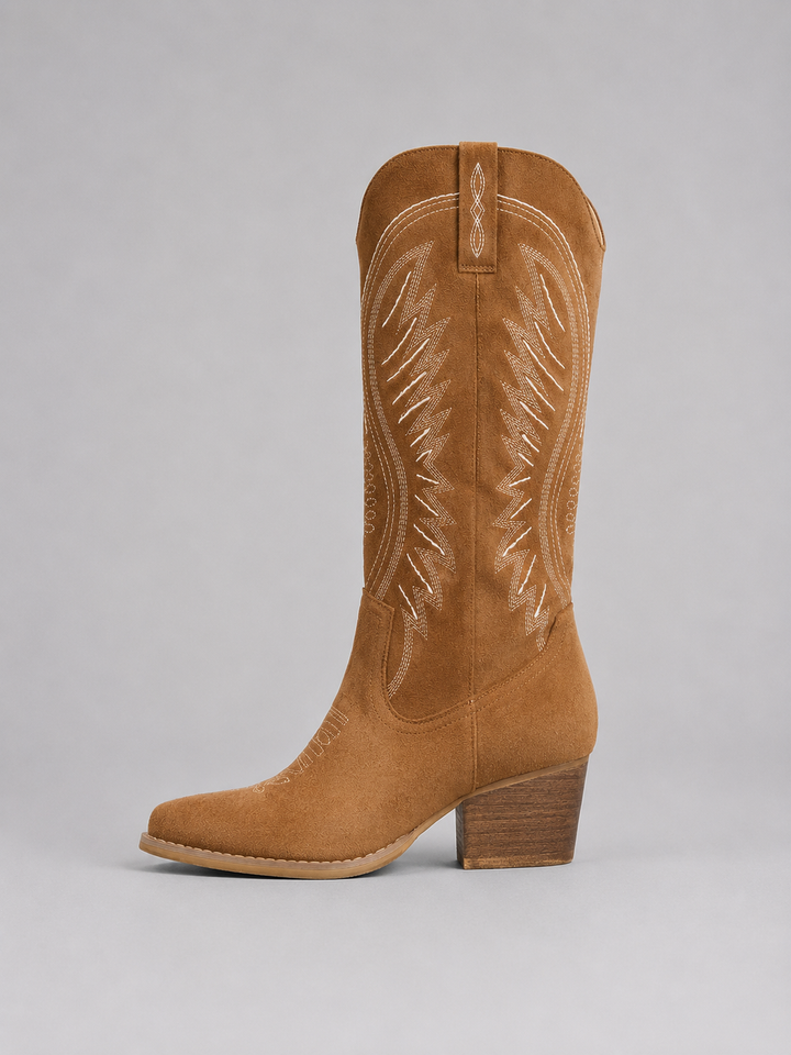 Women's Suede Cowboy Boots Mid Calf Embroidered