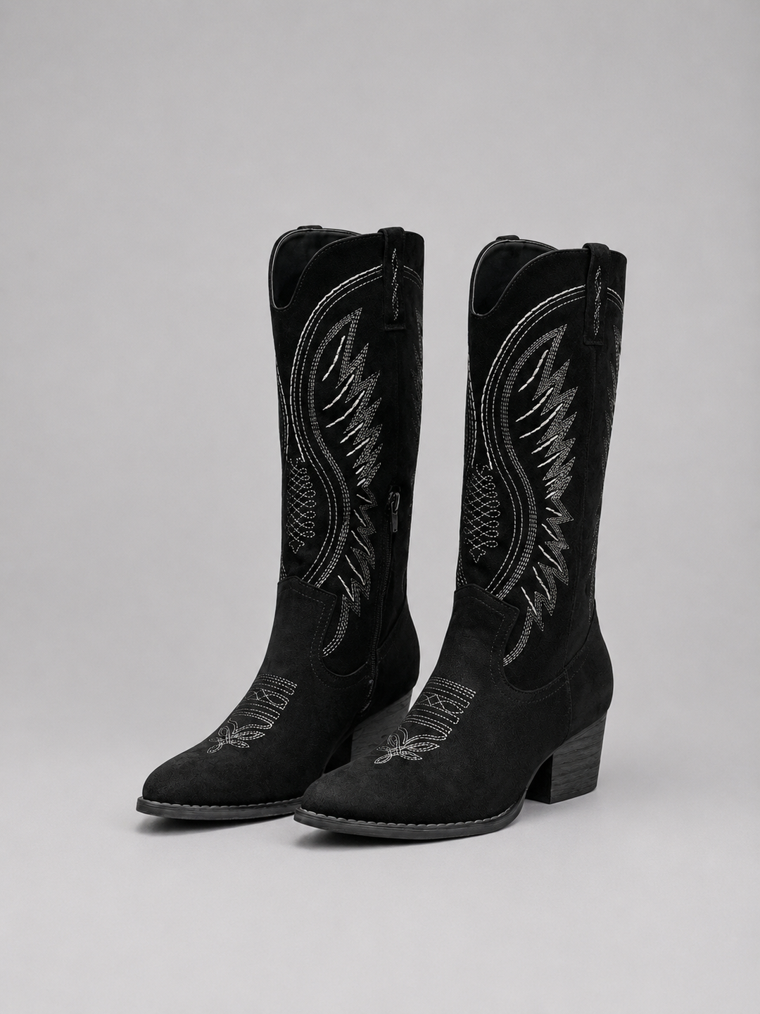Women's Suede Cowboy Boots Mid Calf Embroidered