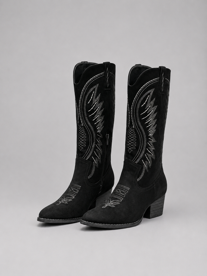 Women's Suede Cowboy Boots Mid Calf Embroidered