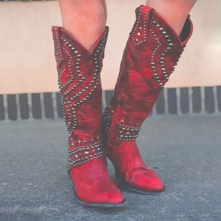 Women's Leather Studded Knee-High Cowgirl Boots