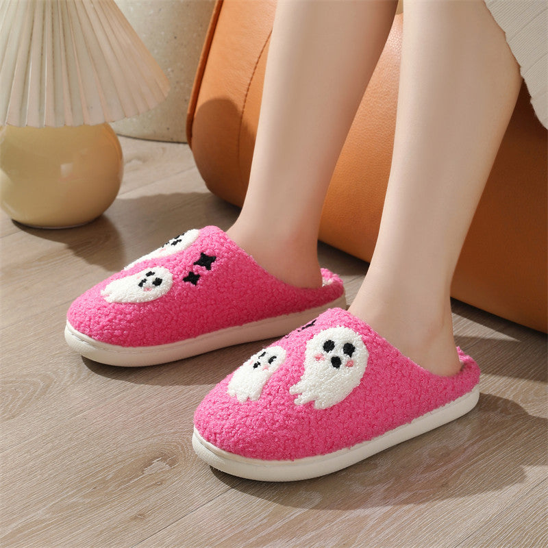 Women's Fluffy Ghost Print Halloween Slippers
