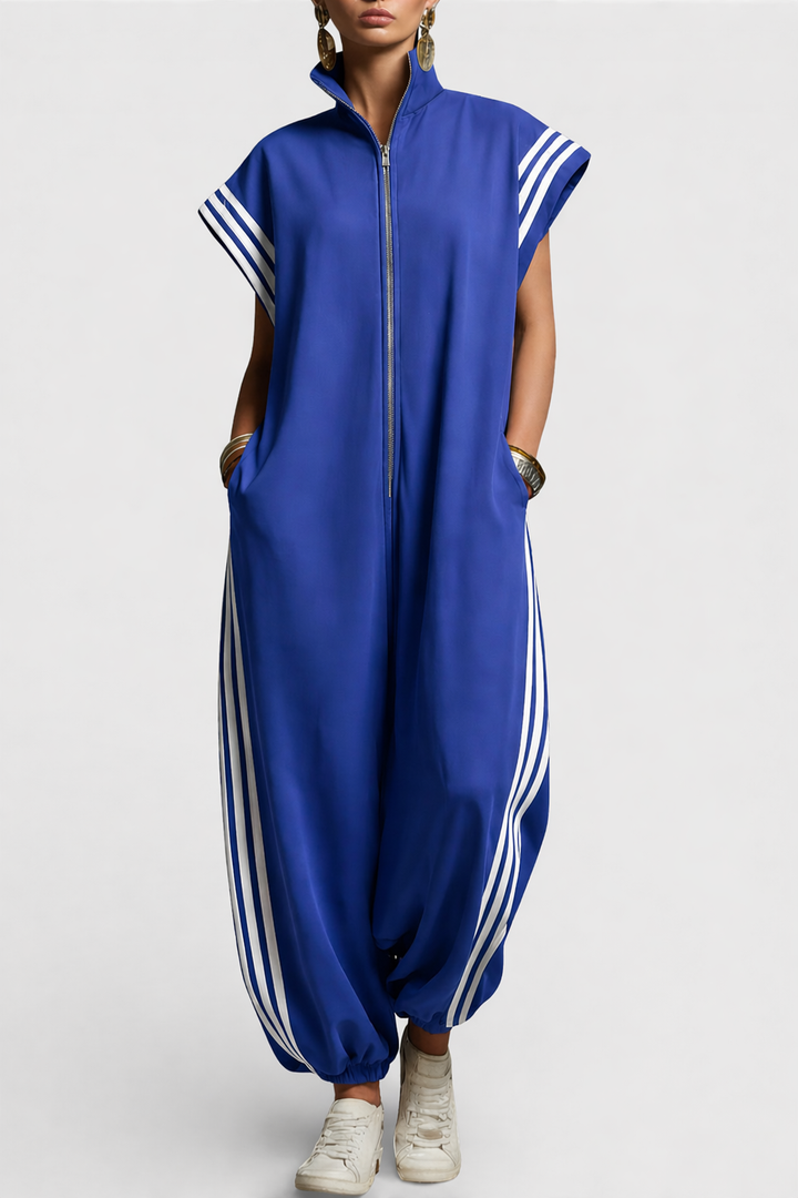 Women's Zip-Up Sleeveless Jumpsuit with Stripe Detail