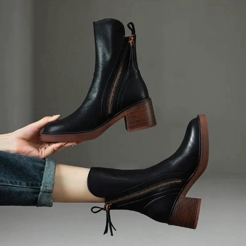 Women's Leather Block Heel Ankle Boots with Side Zipper