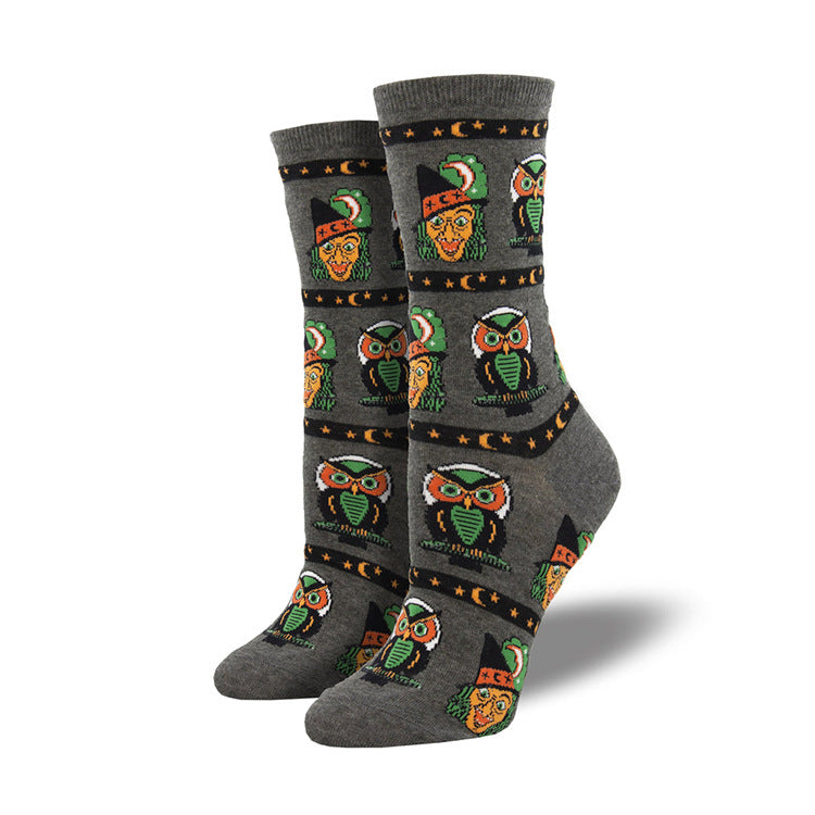 Halloween Pumpkin Witch Crew Socks with Maple Leaf Print
