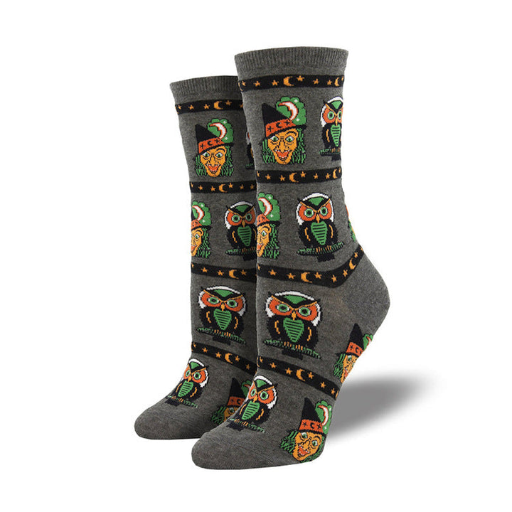 Halloween Pumpkin Witch Crew Socks with Maple Leaf Print