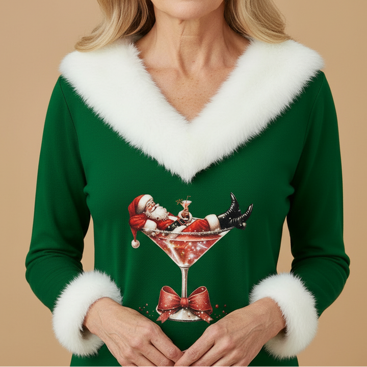 Women's Velour Knit Christmas Sweater with Fur Trim V-Neck
