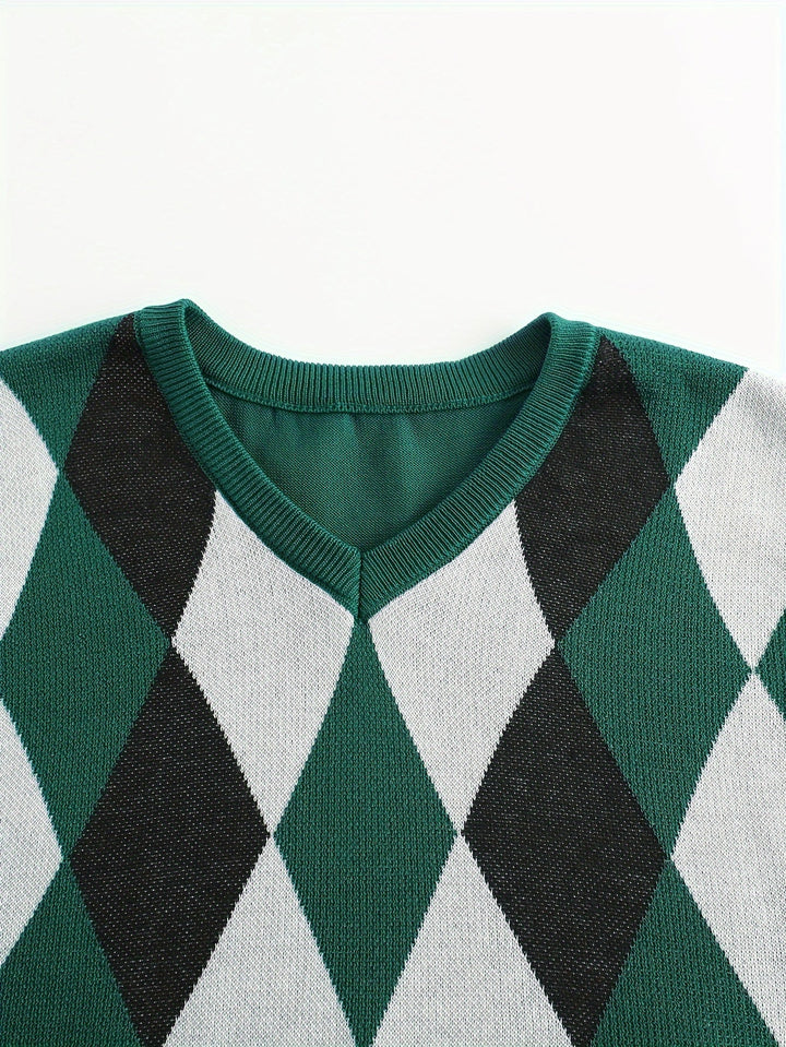 Men's Argyle Knit Sweater Vest with V-Neck