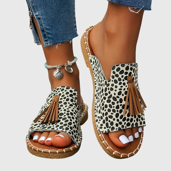 Women's Tasseled Animal Print Slide Sandals