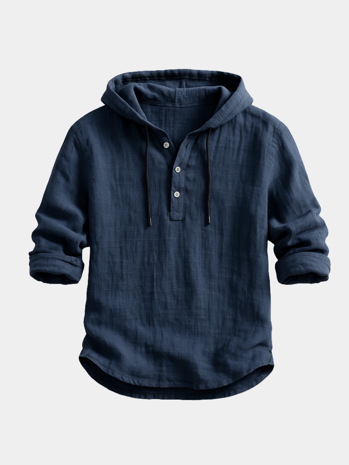 Men's Linen Hooded Henley Shirt with Drawstring