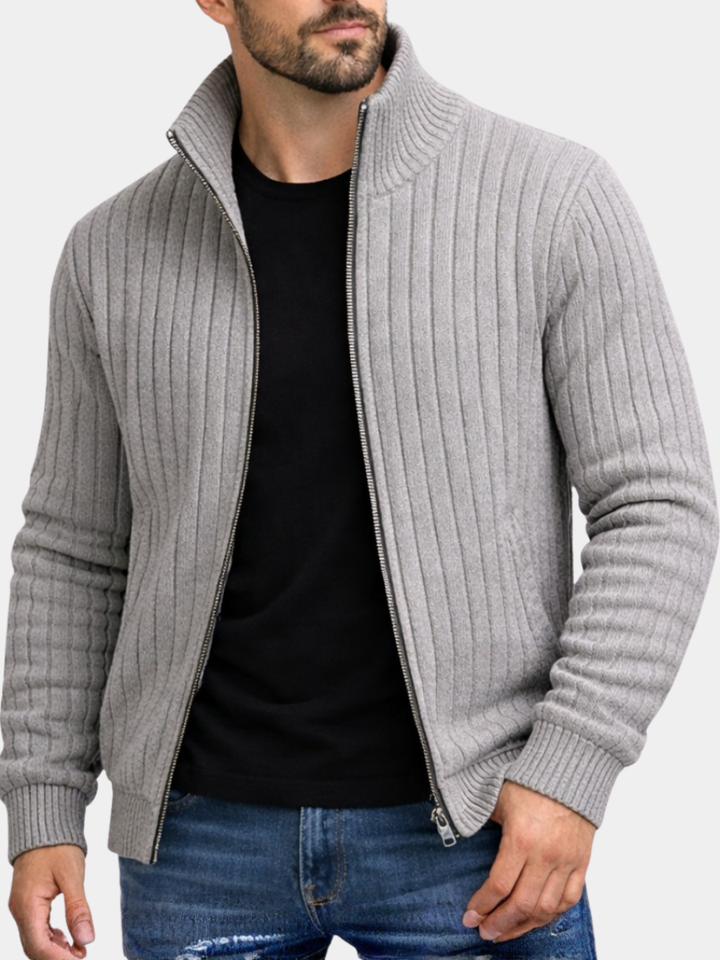 Men's Ribbed Knit Zip Cardigan with Stand Collar
