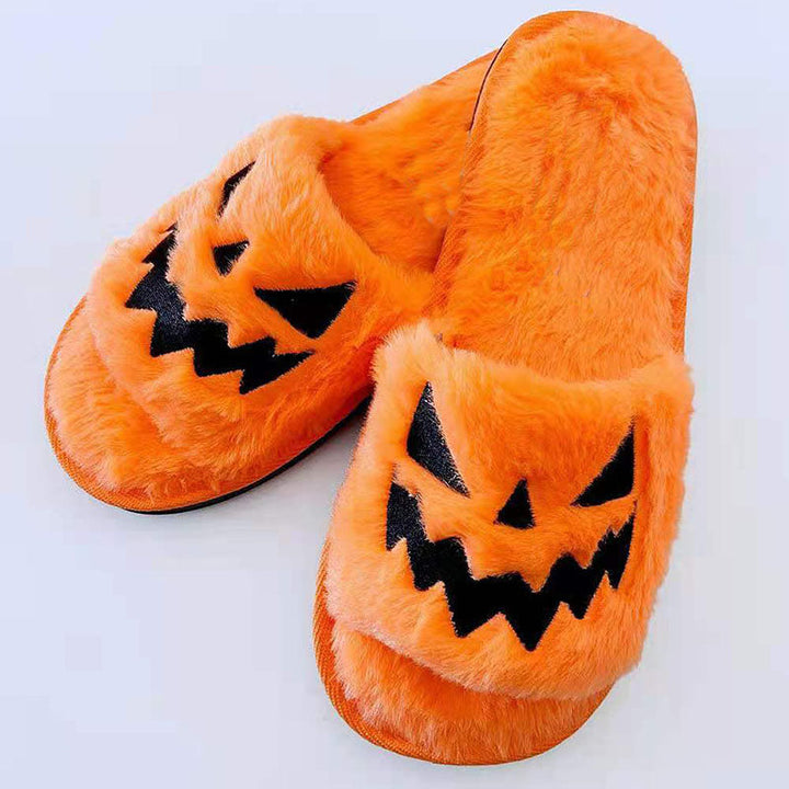 Women's Plush Pumpkin Face Halloween Slippers