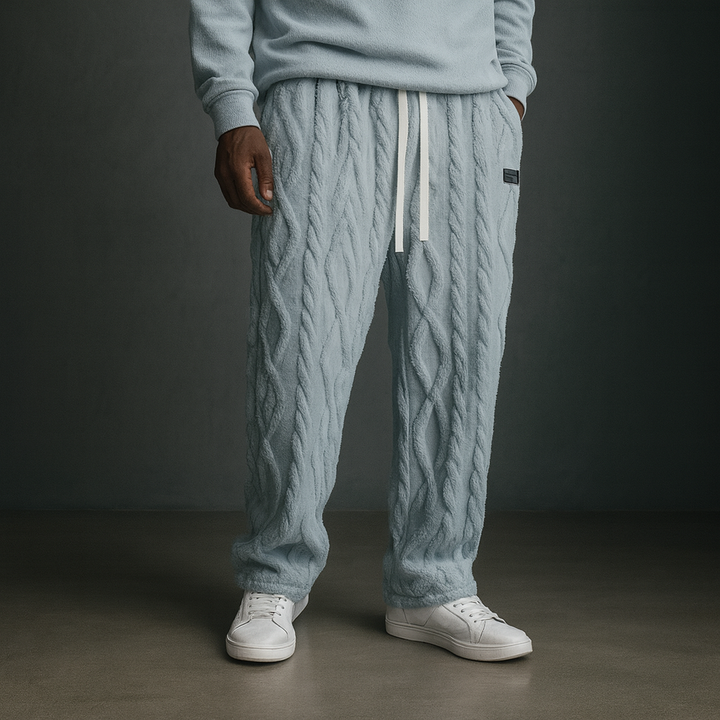 Men's Cable Knit Fleece Sweatpants with Drawstring Waist
