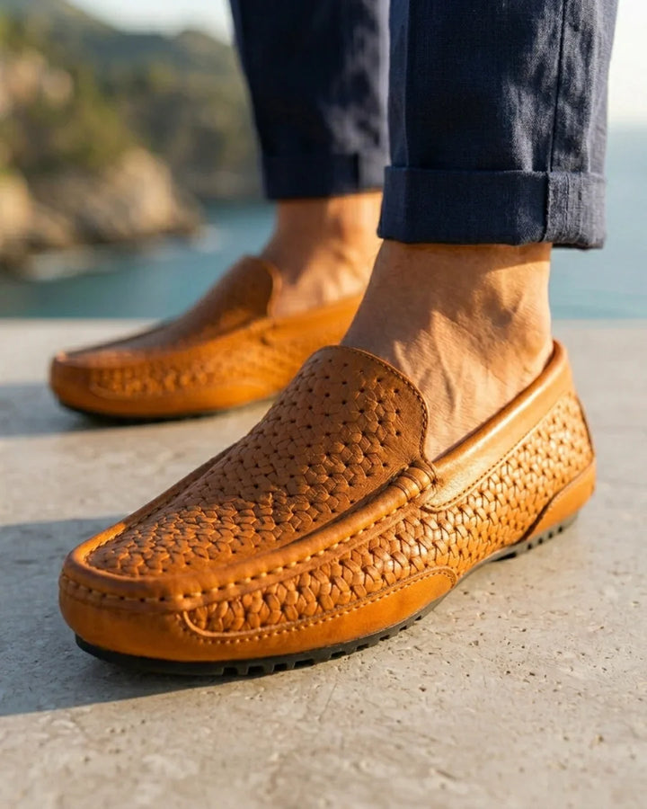 Men's Woven Leather Slip-On Loafers with Contrast Stitching