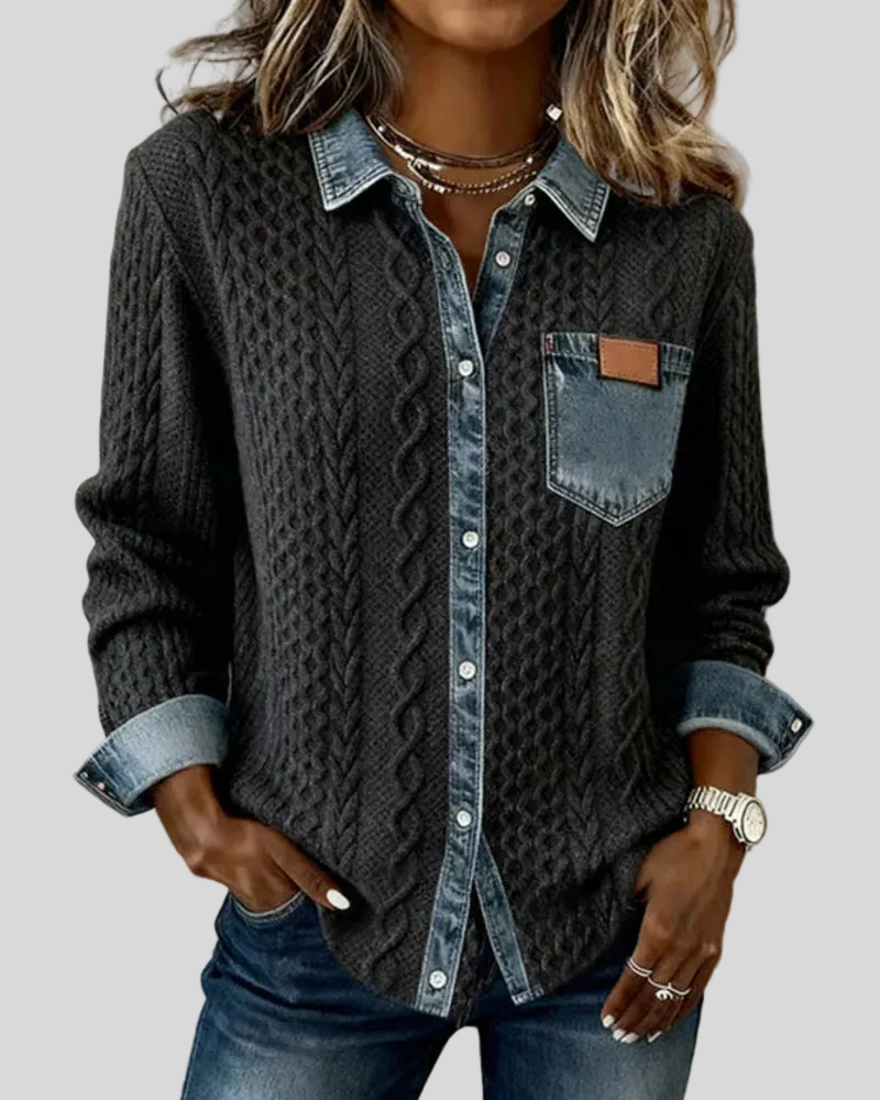 Women's Cable-Knit Cardigan with Denim Trim Details