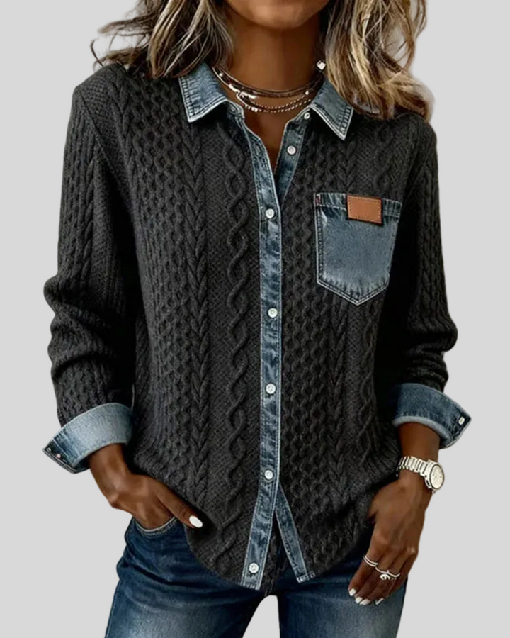 Women's Cable-Knit Cardigan with Denim Trim Details