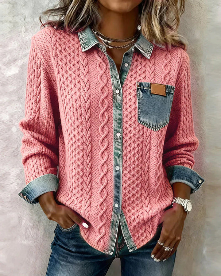 Women's Cable-Knit Cardigan with Denim Trim Details