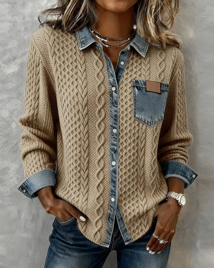 Women's Cable-Knit Cardigan with Denim Trim Details
