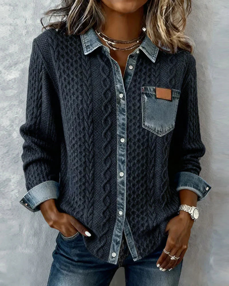 Women's Cable-Knit Cardigan with Denim Trim Details