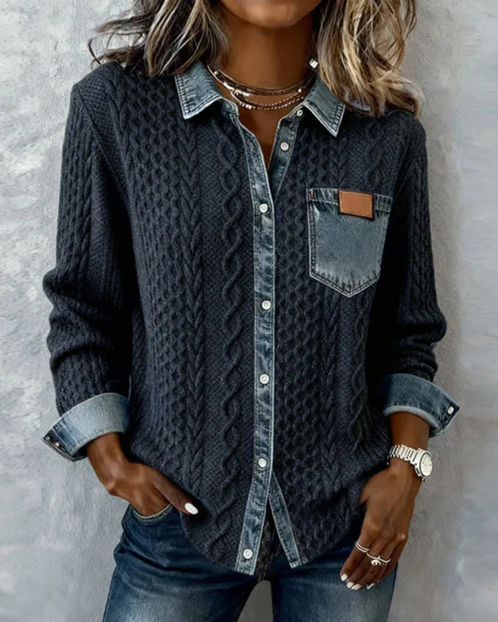 Women's Cable-Knit Cardigan with Denim Trim Details