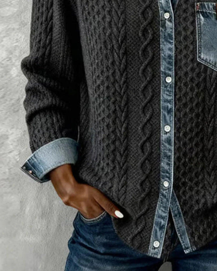 Women's Cable-Knit Cardigan with Denim Trim Details