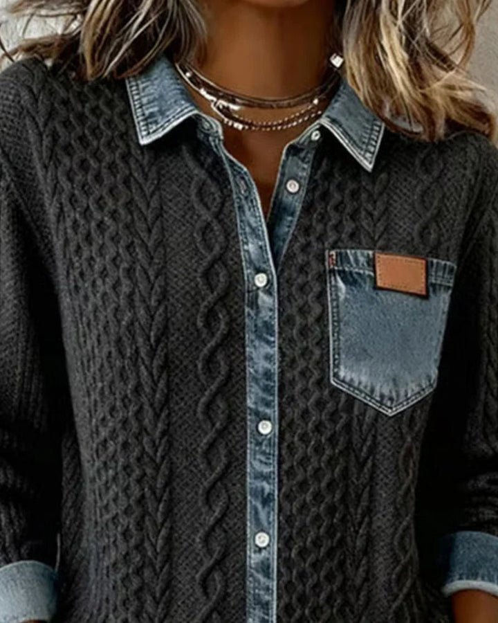 Women's Cable-Knit Cardigan with Denim Trim Details