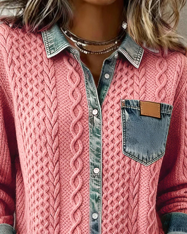 Women's Cable-Knit Cardigan with Denim Trim Details