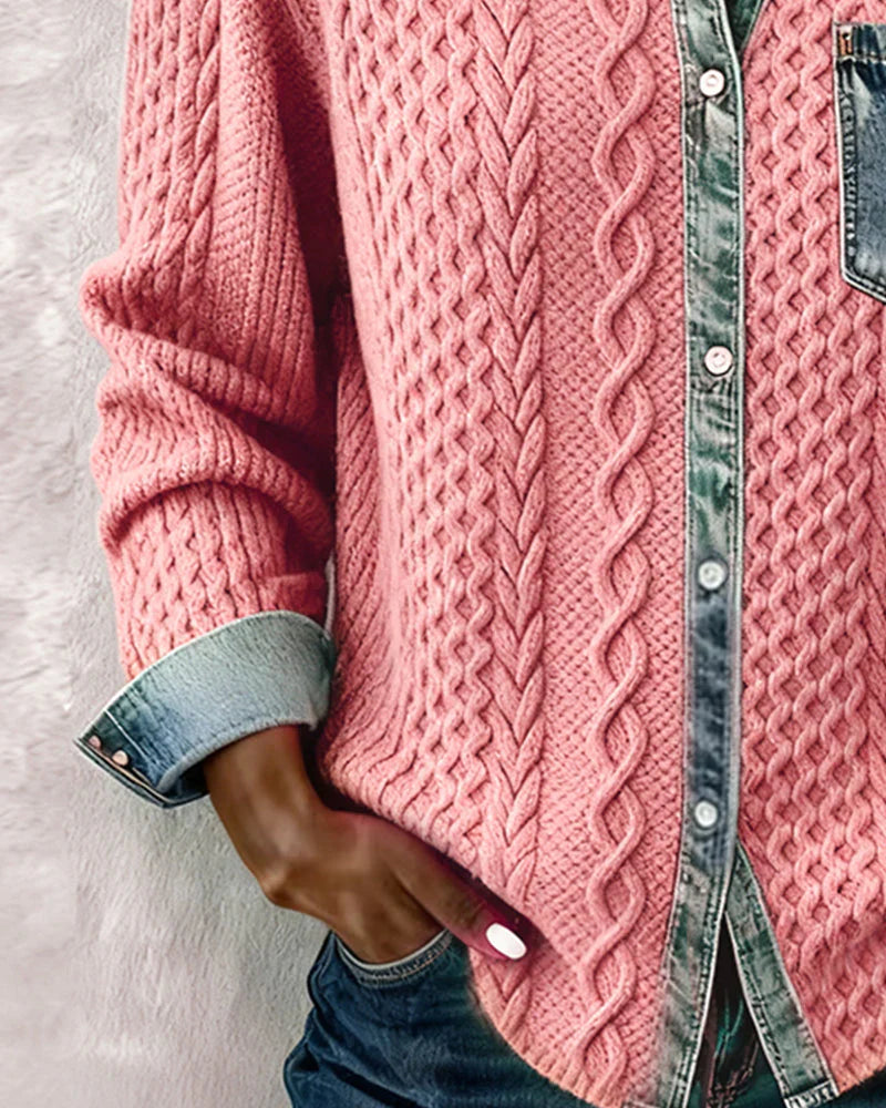 Women's Cable-Knit Cardigan with Denim Trim Details