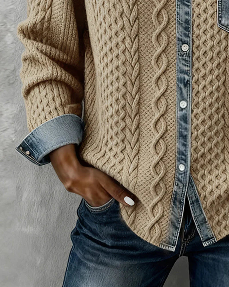 Women's Cable-Knit Cardigan with Denim Trim Details