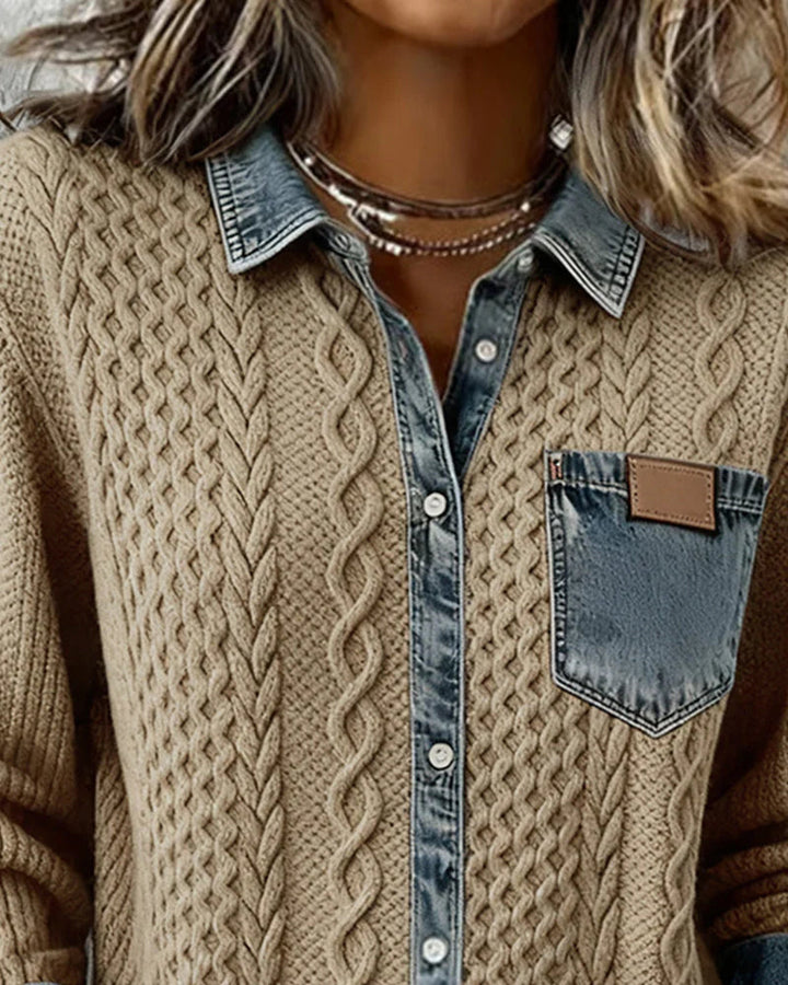 Women's Cable-Knit Cardigan with Denim Trim Details