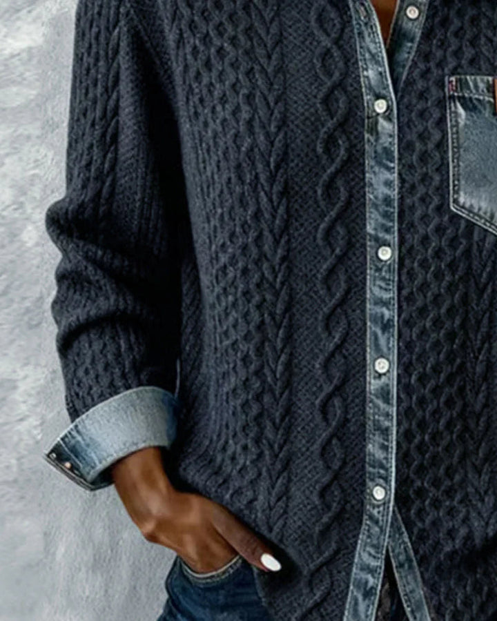 Women's Cable-Knit Cardigan with Denim Trim Details