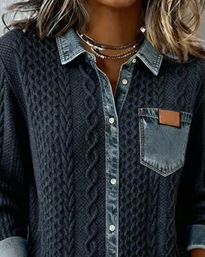 Women's Cable-Knit Cardigan with Denim Trim Details