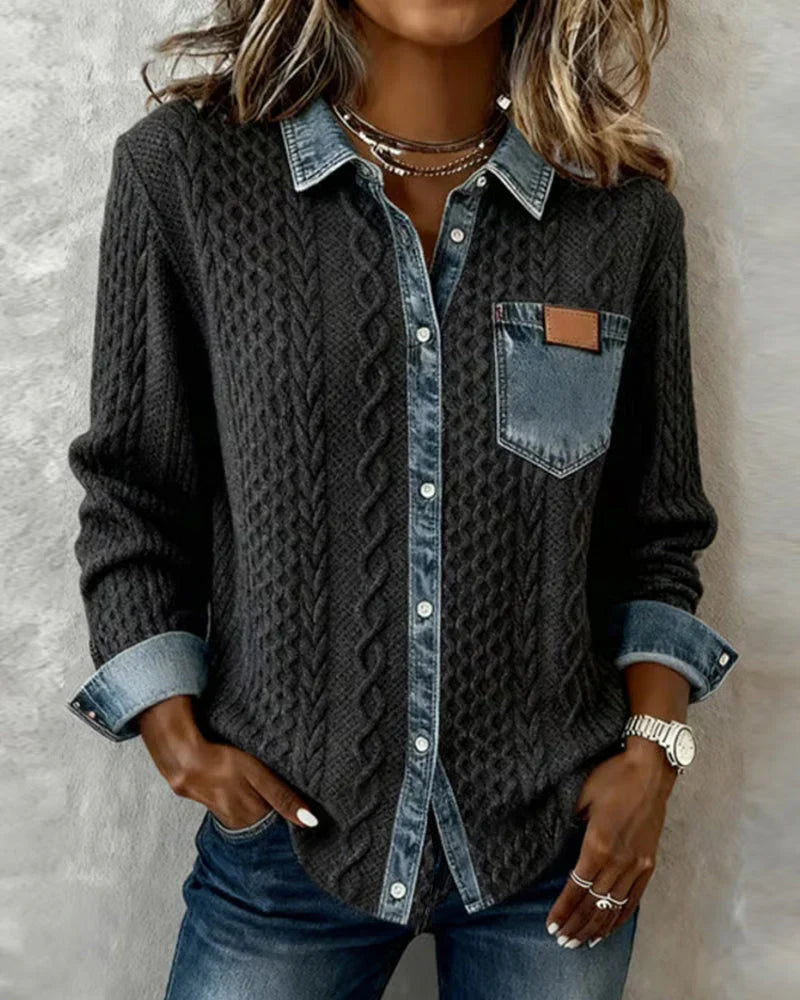 Women's Cable-Knit Cardigan with Denim Trim Details