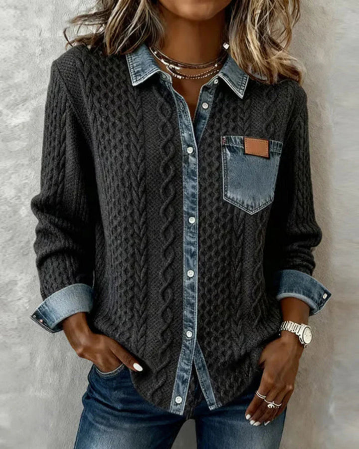Women's Cable-Knit Cardigan with Denim Trim Details