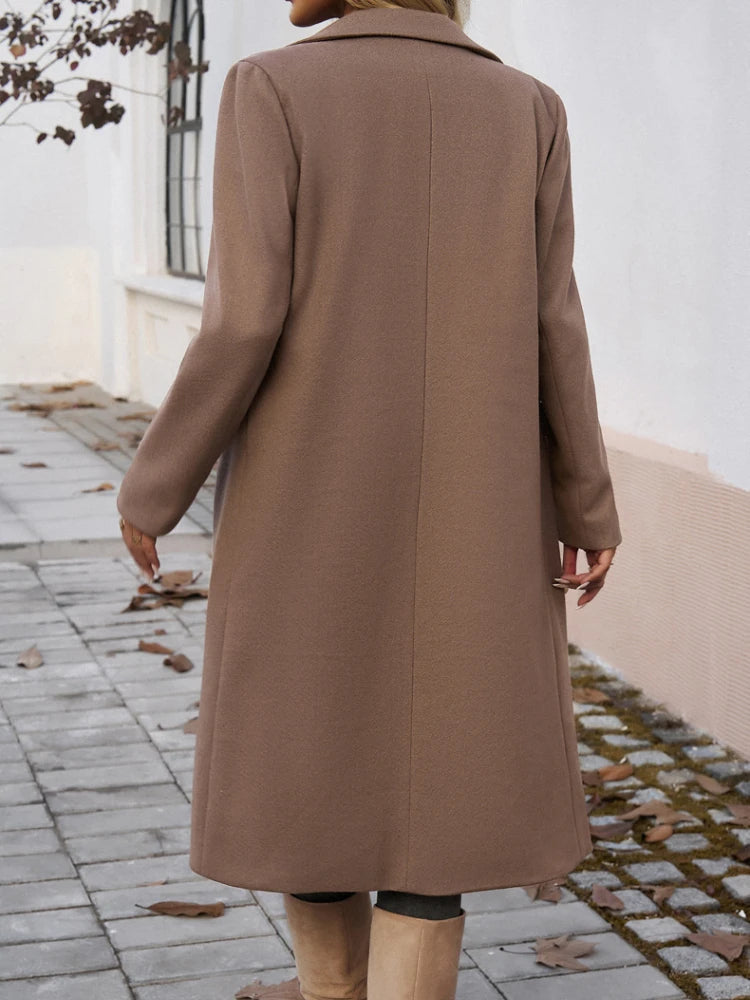 Women's Double-Breasted Longline Coat with Notch Lapel
