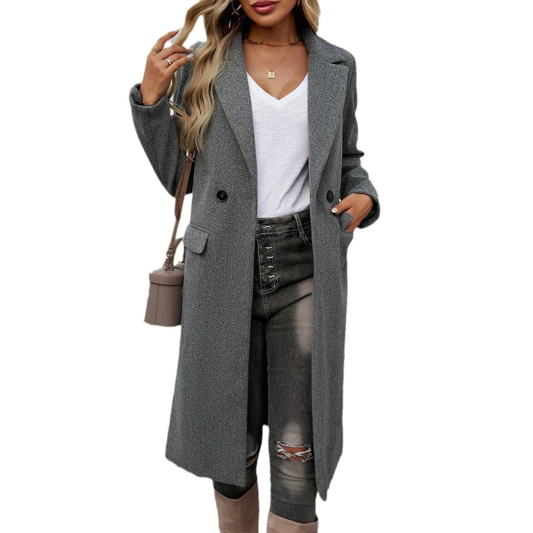 Women's Double-Breasted Longline Coat with Notch Lapel