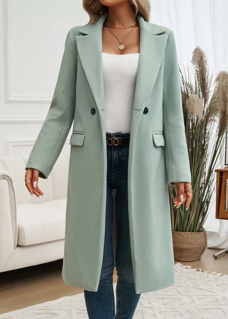 Women's Double-Breasted Longline Coat with Notch Lapel