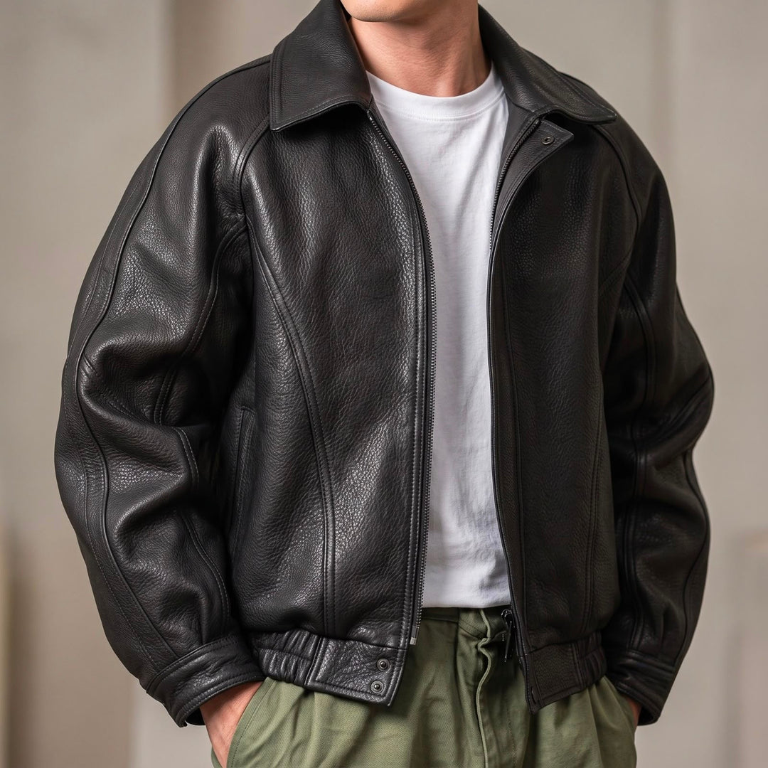 Men's Zip Front Bomber Jacket with Structured Collar
