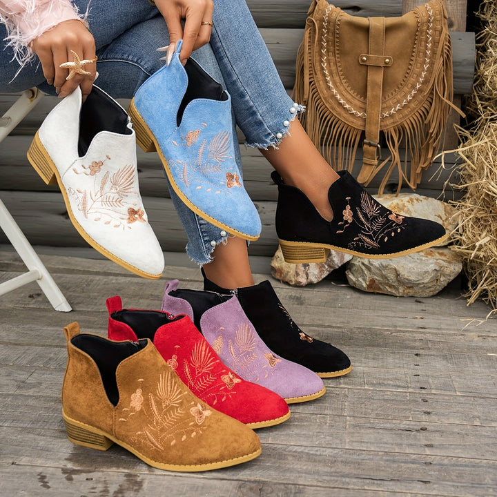 Women's Embroidered Ankle Boots with Side Zip